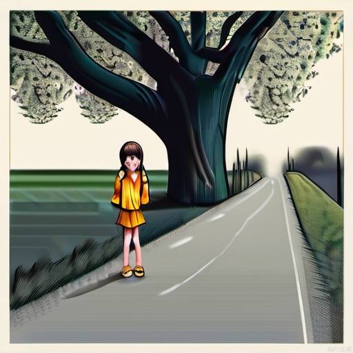 The little girl went to school and stood on a road covered with sycamore trees