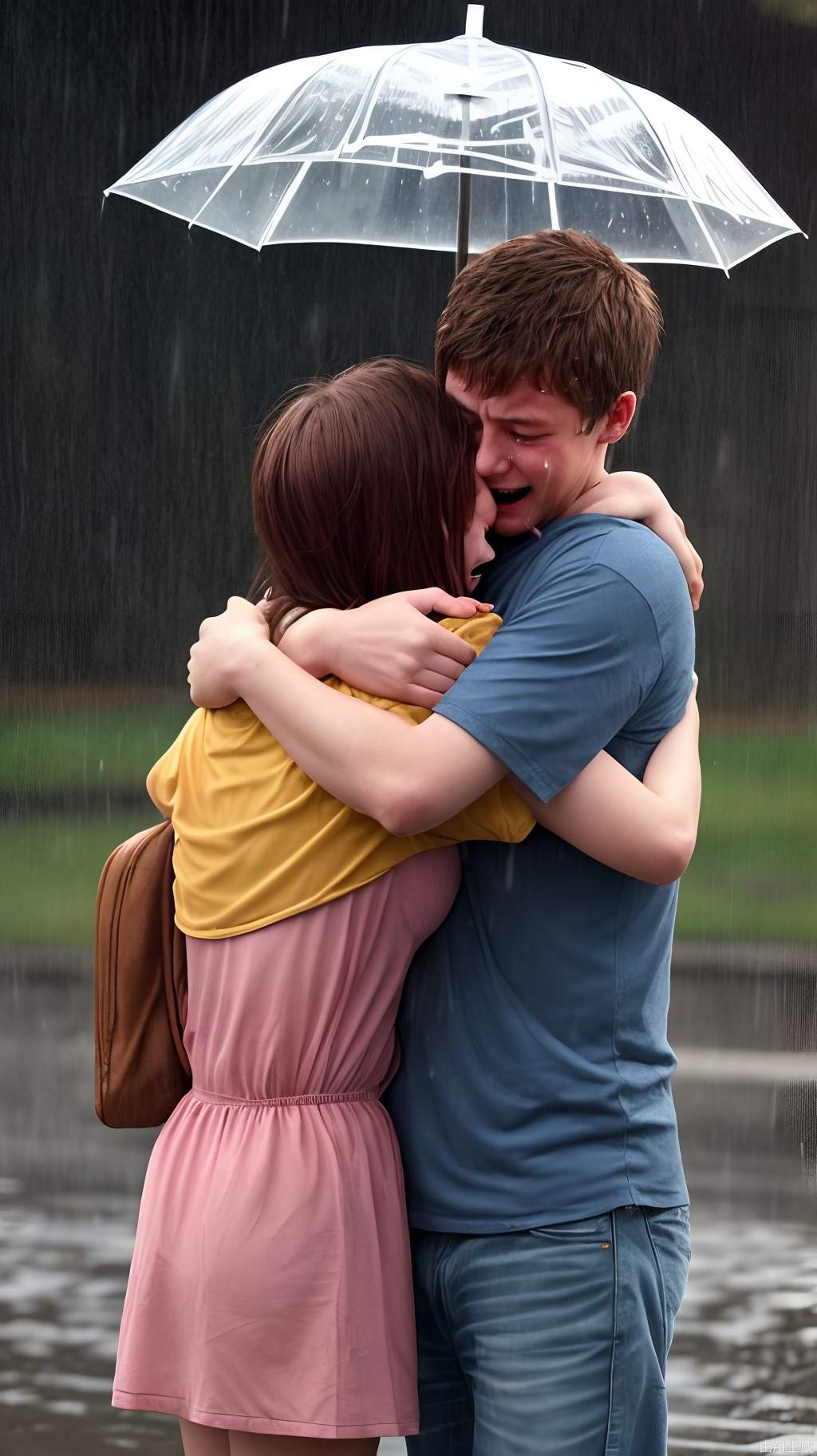 外面下着雨，男孩女孩泪流满面地拥抱