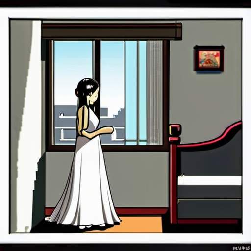 A Chinese girl in a white wedding dress stands in her bedroom, waiting for her husband to return