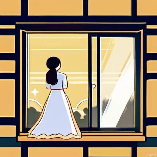 A Chinese girl in a white wedding dress stands on the windowsill of her bedroom, waiting for her husband to come back, with a bed and sunshine