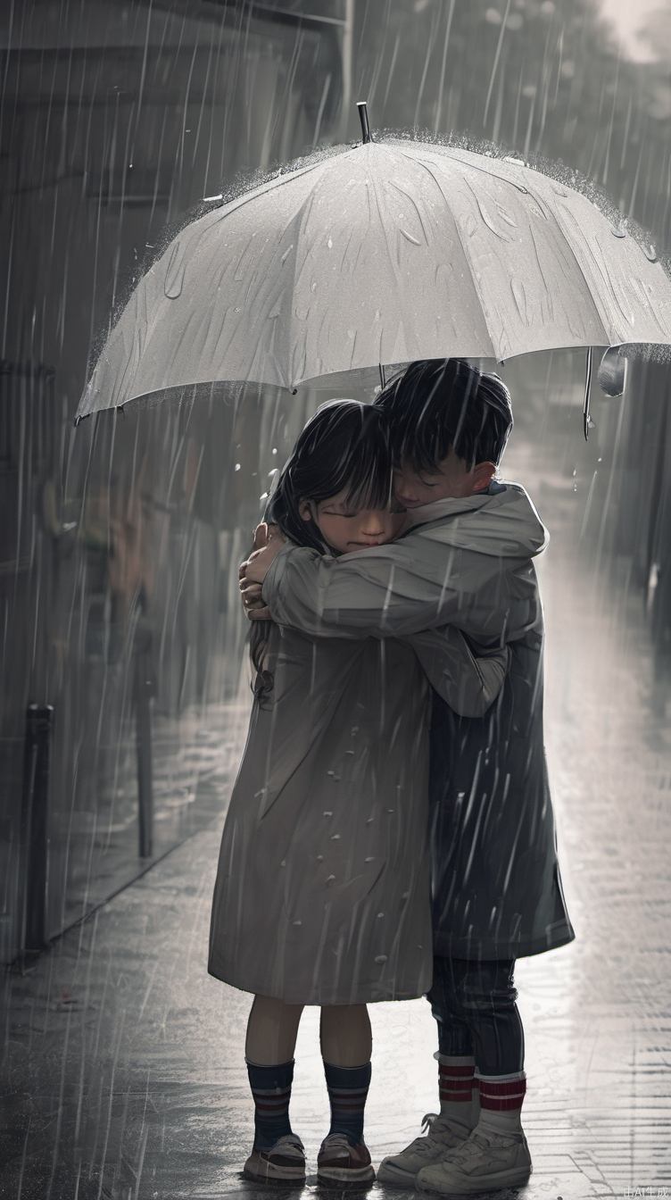 外面下着雨，男孩女孩泪流满面地拥抱