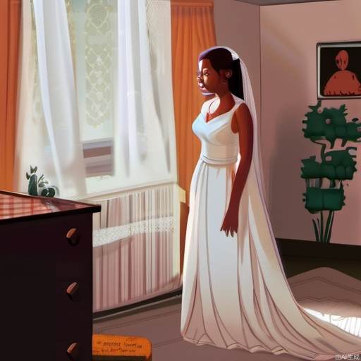 A girl in a white wedding dress stands in her bedroom, waiting for her husband to return