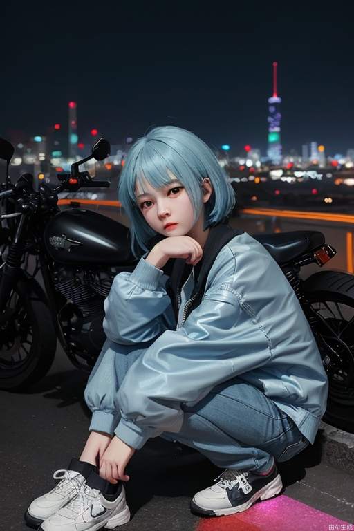 Cyberpunk, little girl, powder blue hair, hands around knees, city background, (cool tone), night scene, colorful, plain clothes, depth of field, sitting on a motorcycle, character light ratio, dark tone