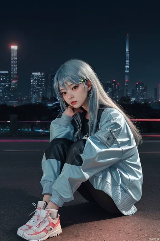 Cyberpunk, little girl, powder blue hair, hands around knees, city background, (cool tone), night scene, colorful, plain clothes, depth of field, sitting on a motorcycle, character light ratio, dark tone