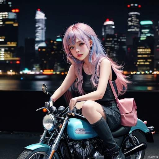 Cyberpunk, little girl, pink blue hair, hands around knees, city background, (cool tone), night scene, colorful, plain clothes, depth of field, sitting on a motorcycle, character light ratio, dark tone