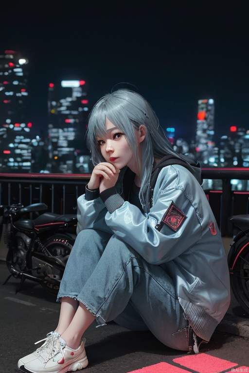 Cyberpunk, little girl, powder blue hair, hands around knees, city background, (cool tone), night scene, colorful, plain clothes, depth of field, sitting on a motorcycle, character light ratio, dark tone