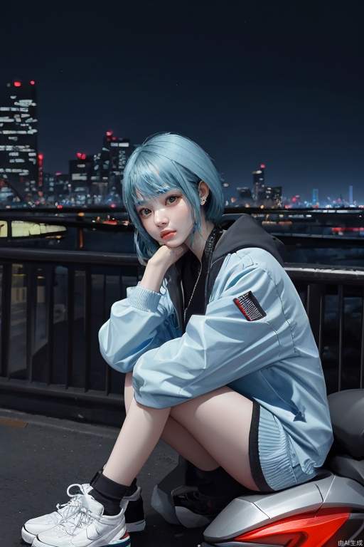 Cyberpunk, little girl, powder blue hair, hands around knees, city background, (cool tone), night scene, colorful, plain clothes, depth of field, sitting on a motorcycle, character light ratio, dark tone