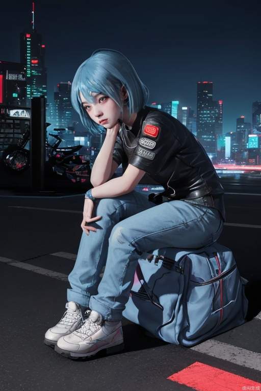 Cyberpunk, little girl, powder blue hair, hands around knees, city background, (cool tone), night scene, colorful, sitting, plain clothes, depth of field, motorcycle, character light ratio