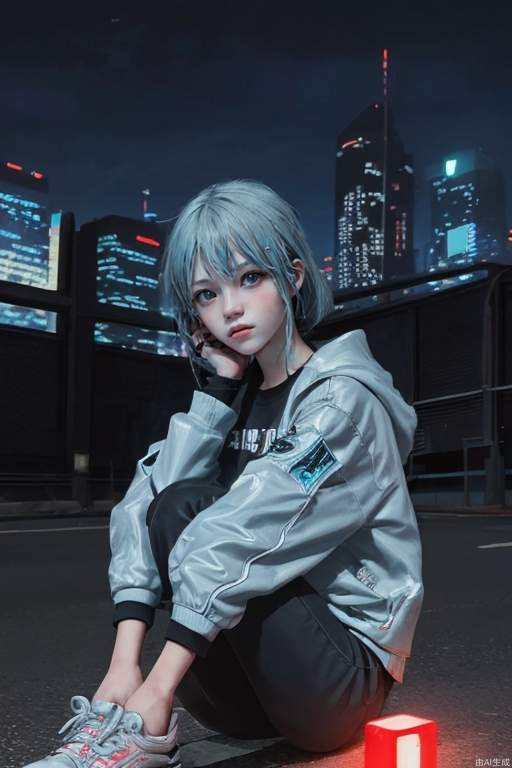 Cyberpunk, little girl, powder blue hair, hands around knees, city background, (cool tone), night scene, colorful, plain clothes, depth of field, sitting on a motorcycle, character light ratio, dark tone