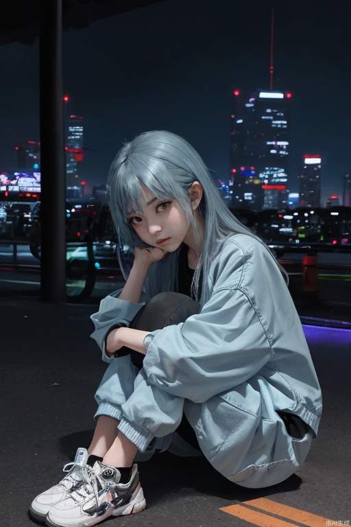 Cyberpunk, little girl, powder blue hair, hands around knees, city background, (cool tone), night scene, colorful, plain clothes, depth of field, sitting on a motorcycle, character light ratio, dark tone