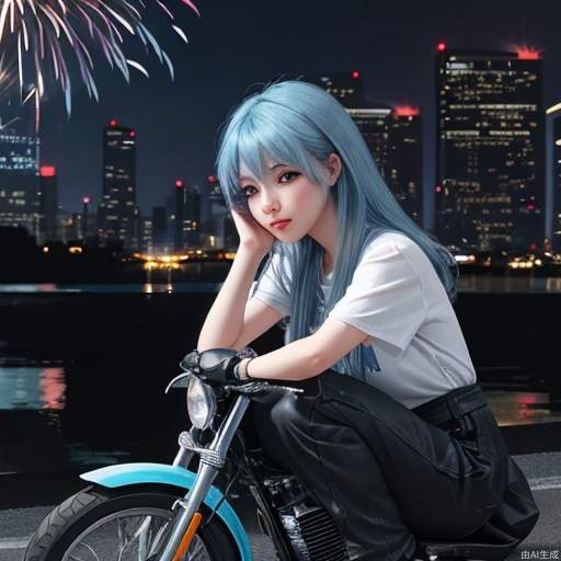 Cyberpunk, little girl, powder blue hair, hands around knees, city background, (cool tone), night scene, colorful, plain clothes, depth of field, sitting on a motorcycle, character light ratio, dark tone, aerial fireworks,