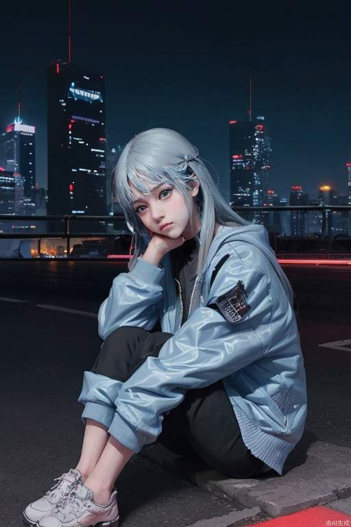 Cyberpunk, little girl, powder blue hair, hands around knees, city background, (cool tone), night scene, colorful, plain clothes, depth of field, sitting on a motorcycle, character light ratio, dark tone