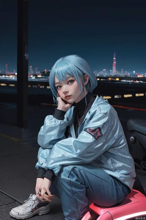 Cyberpunk, little girl, powder blue hair, hands around knees, city background, (cool tone), night scene, colorful, plain clothes, depth of field, sitting on a motorcycle, character light ratio