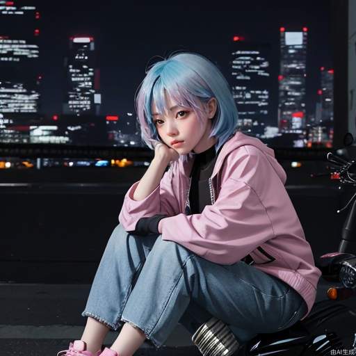 Cyberpunk, little girl, pink blue hair, hands around knees, city background, (cool tone), night scene, colorful, plain clothes, depth of field, sitting on a motorcycle, character light ratio, dark tone