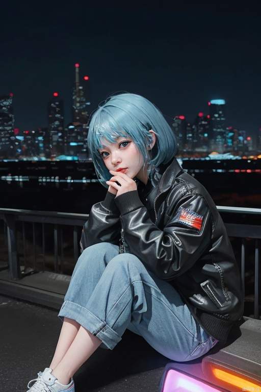 Cyberpunk, little girl, powder blue hair, hands around knees, city background, (cool tone), night scene, colorful, plain clothes, depth of field, sitting on a motorcycle, character light ratio, dark tone