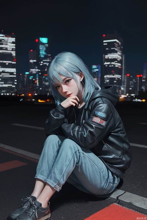 Cyberpunk, little girl, powder blue hair, hands around knees, city background, (cool tone), night scene, colorful, plain clothes, depth of field, sitting on a motorcycle, character light ratio, dark tone