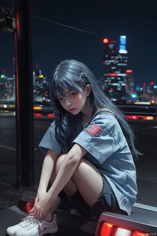 Cyberpunk, little girl, powder blue hair, hands around knees, city background, (cool tone), night scene, colorful, plain clothes, depth of field, sitting on a motorcycle, character light ratio, dark tone