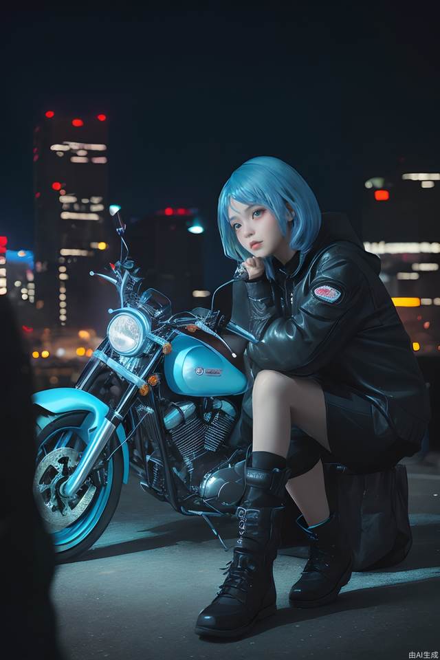 Cyberpunk, little girl, powder blue hair, hands around knees, city background, (cool tone), night scene, colorful, sitting, plain clothes, depth of field, motorcycle, character light ratio