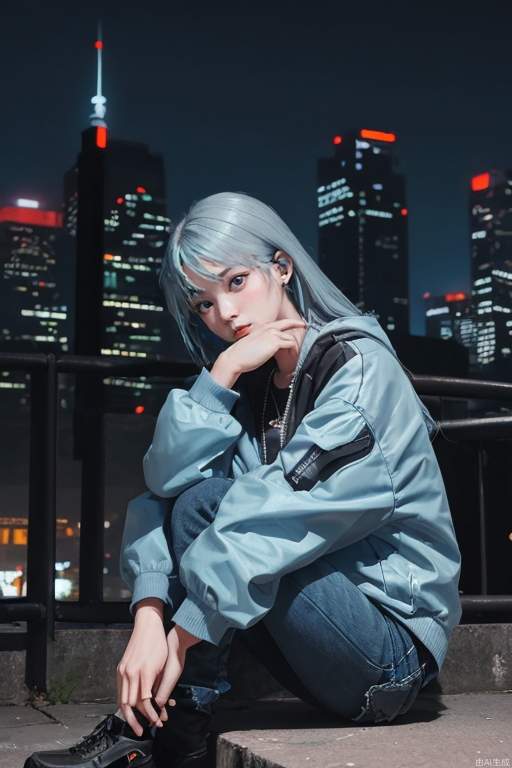 Cyberpunk, little girl, powder blue hair, hands around knees, city background, (cool tone), night scene, colorful, plain clothes, depth of field, sitting on a motorcycle, character light ratio, dark tone