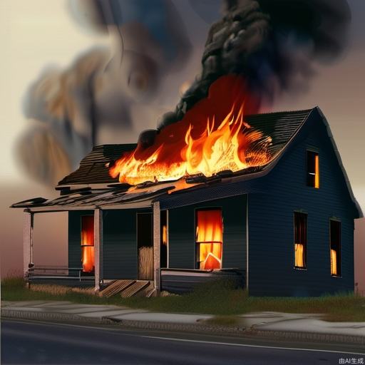 A dilapidated building, raging fire, firelight, scattered wood, extremely high resolution, added detail