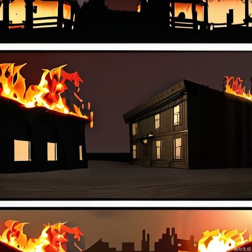 A dilapidated building, raging fire, firelight, scattered wood, extremely high resolution, added detail