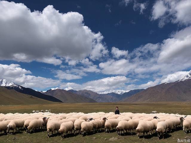 An 18-year-old girl herds sheep in Tibet, with blue sky and white clouds.