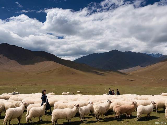 An 18-year-old girl herds sheep in Tibet, with blue sky and white clouds.