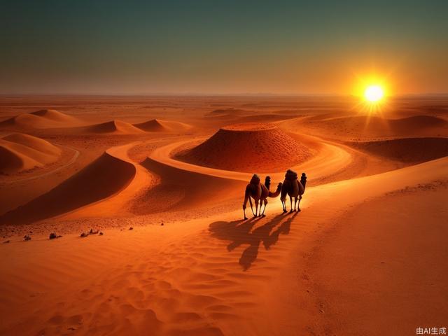 On the ancient Silk Road in China, camels walk on the desert, the sun sets, and the big scene is overlooked