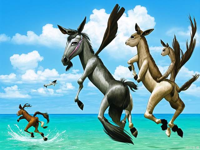 Mutant donkeys soar in the sea,