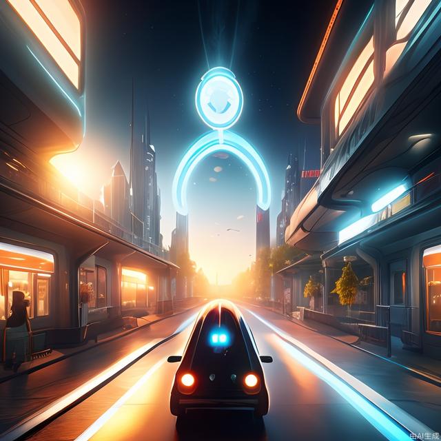 Meta-universe, virtual city, sunlight, futuristic sense of technology, strange house shape, different buildings, dream buildings, pedestrians, vehicles, a little light track, the picture is refreshing and tidy, blue, film and television effects