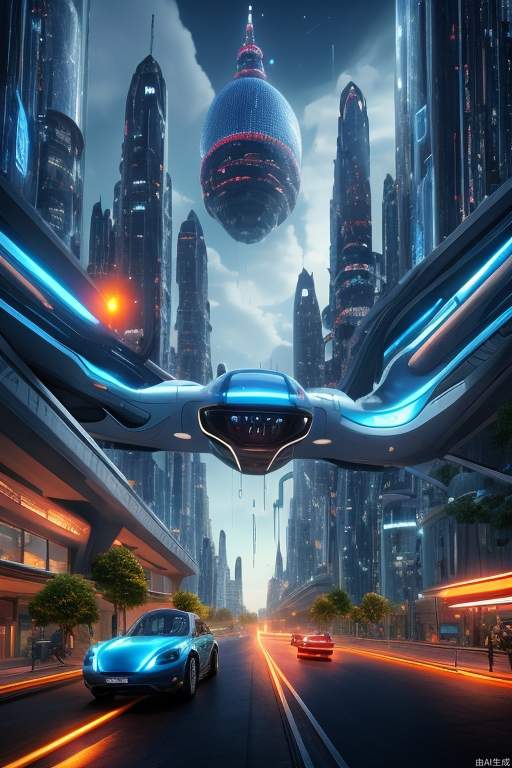 Meta-universe, virtual city, sense of future technology, strange house shapes, different buildings, dream buildings, pedestrians, vehicles, a small number of science fiction aircraft, a little light track, the picture is refreshing and tidy, blue, film and television effects