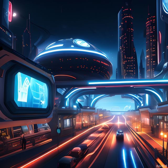 Meta-universe, virtual city, futuristic sense of technology, strange house shape, different buildings, dream buildings, pedestrians, vehicles, a little light track, the picture is refreshing and tidy, blue, film and television effects