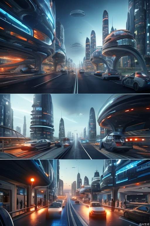 Meta-universe, virtual city, sense of future technology, strange house shapes, different buildings, dream buildings, pedestrians, vehicles, a small number of science fiction aircraft, a little light track, the picture is refreshing and tidy, blue, film and television effects