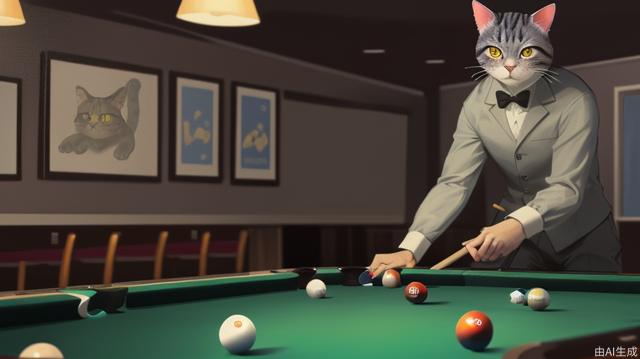 A handsome cat who plays pool, anthropomorphic.