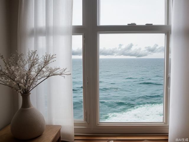 Window, outside the window is dark, white gauze curtains, near is a dwarf tree, far is the sea, there are fireworks blooming on the sea, the window is pushed out, not a floor-to-ceiling window, soft, real