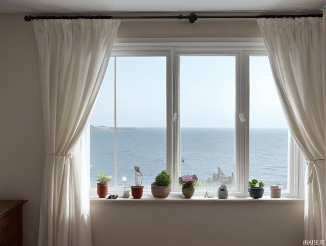 Window, outside the window is dark, white gauze curtains, near is a dwarf tree, far is the sea, there are fireworks blooming on the sea, the window is pushed out, not a floor-to-ceiling window, soft, real