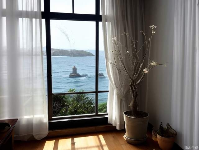 Window, outside the window is dark, white gauze curtains, near is a dwarf tree, far is the sea, there are fireworks blooming on the sea, the window is pushed out, not a floor-to-ceiling window, soft, real