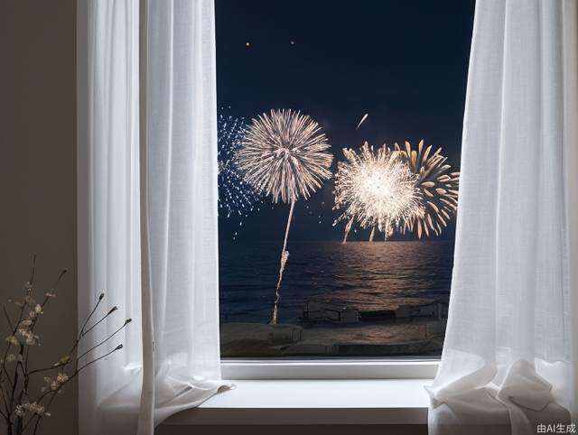 Window, outside the window is dark, white gauze curtains, near is a dwarf tree, far is the sea, there are fireworks blooming on the sea, the window is pushed out, not a floor-to-ceiling window, soft, real