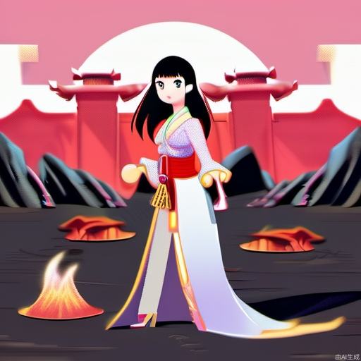 A beautiful Chinese woman in a pirate costume stands on a lava-like ground surrounded by secret monsters