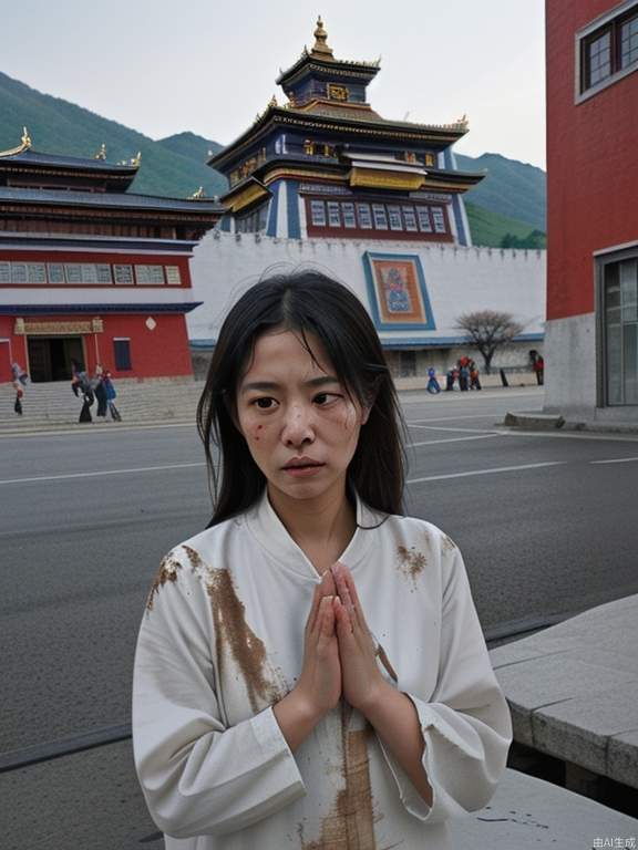 A girl praying devoutly in front of the Potala Palace, her clothes are tattered, she has a child, and there are vicious people staring at her