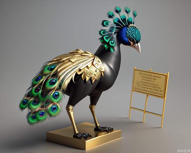 masterpiece, (bestquality), highlydetailed, ultra-detailed, 3dmodel, (zoo signage), (peacock elements), (peacock shape), abstract, minimalist, (black and gold:1.5), elegant, sleek, (feather motifs), (geometric patterns), (smooth textures), (metallic sheen), (modern design), (intricate details:1.2)