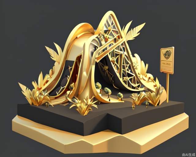 masterpiece, (bestquality), highlydetailed, ultra-detailed, 3dmodel, (zoo signage), (peacock elements), (peacock shape), abstract, minimalist, (black and gold:1.5), elegant, sleek, (feather motifs), (geometric patterns), (smooth textures), (metallic sheen), (modern design), (intricate details:1.2)