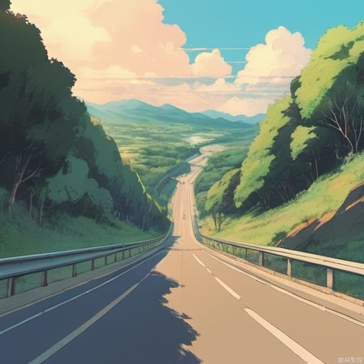 Beautiful anime scenery of highway going to the hills in a city,masterpiece,best quality,detailed,anime style,
