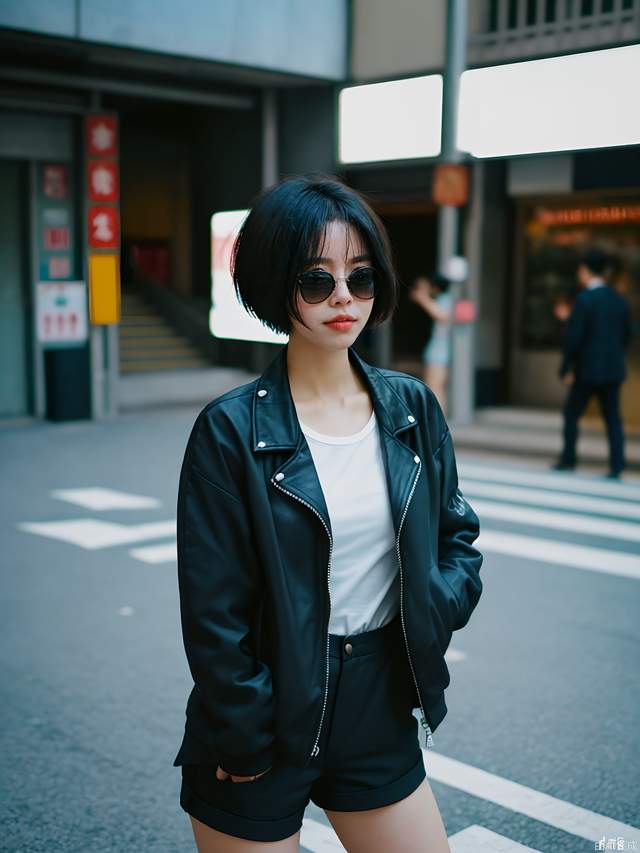 A girl, on the street of Hong Kong, with short hair, sunglasses, wearing a black jacket, super shorts, Canon camera, 50mm.