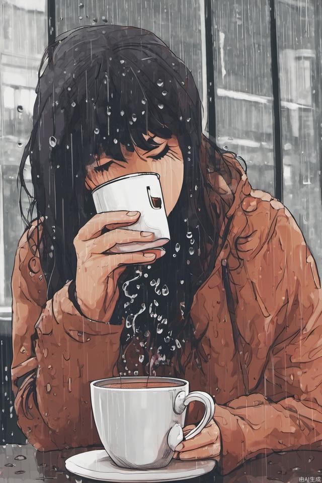 Drinking coffee on a rainy day