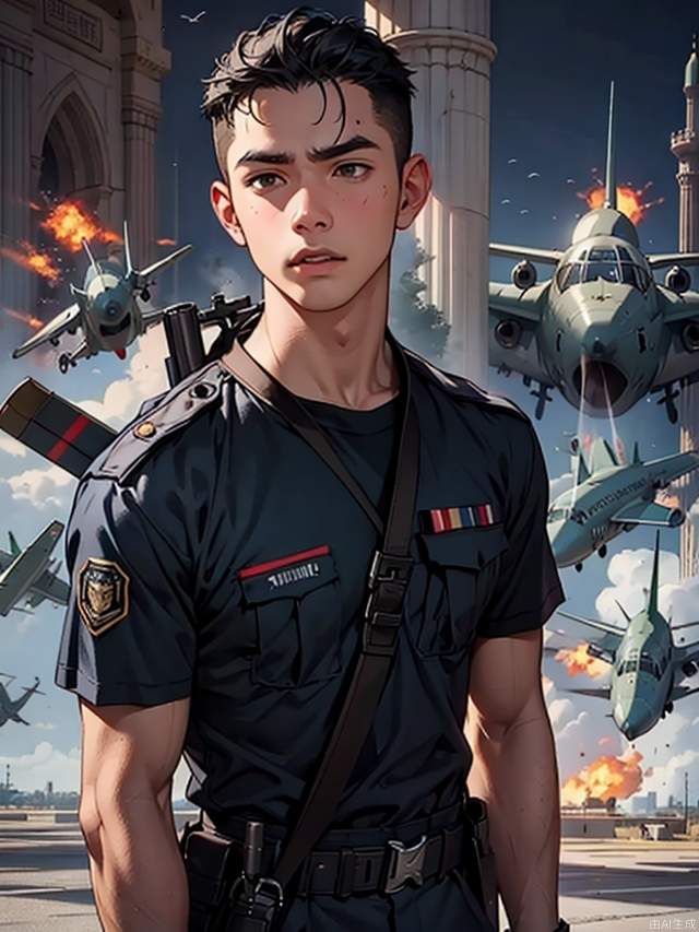 A boy with black hair, in a battlefield setting, holding a rifle, wearing military attire, airplanes, tanks, cinematic feel, best quality.chinese soldier,armed police