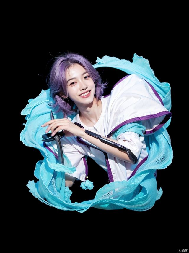 A boy, holding a long knife, with purple hair, a white cloak, white pants, grinning.