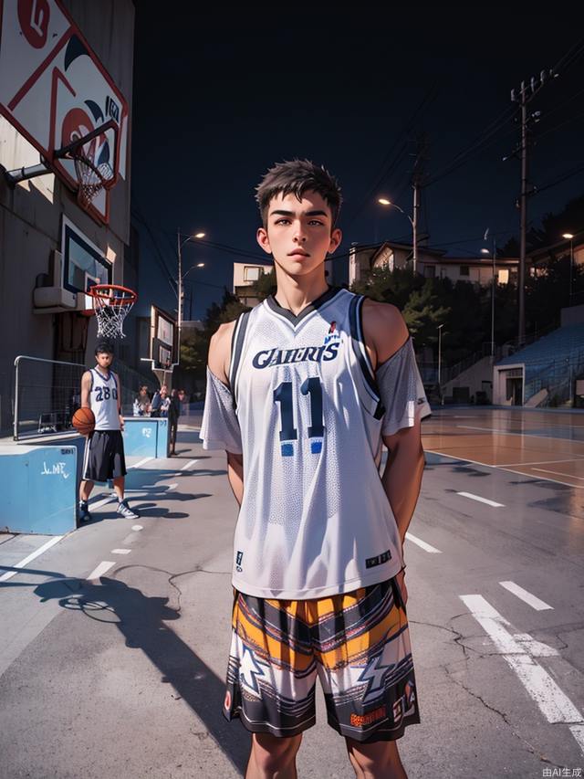 A boy with black short hair, tall figure, basketball jersey, basketball, basketball hoop background, basketball court