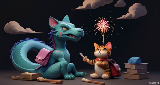 Dragon, cat, lucky bag, fireworks, clouds, ingots, beautiful eyes, blackboard newspaper