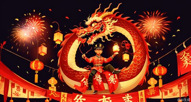 Lanterns, Chinese knots, fireworks, Lunar Year of the Dragon, troops, military camps